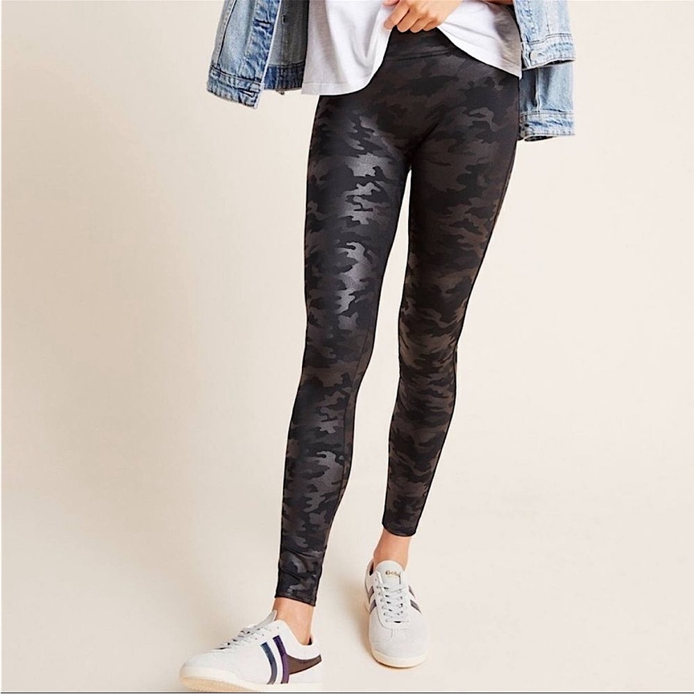 SPANX Faux Leather Black Camo Leggings